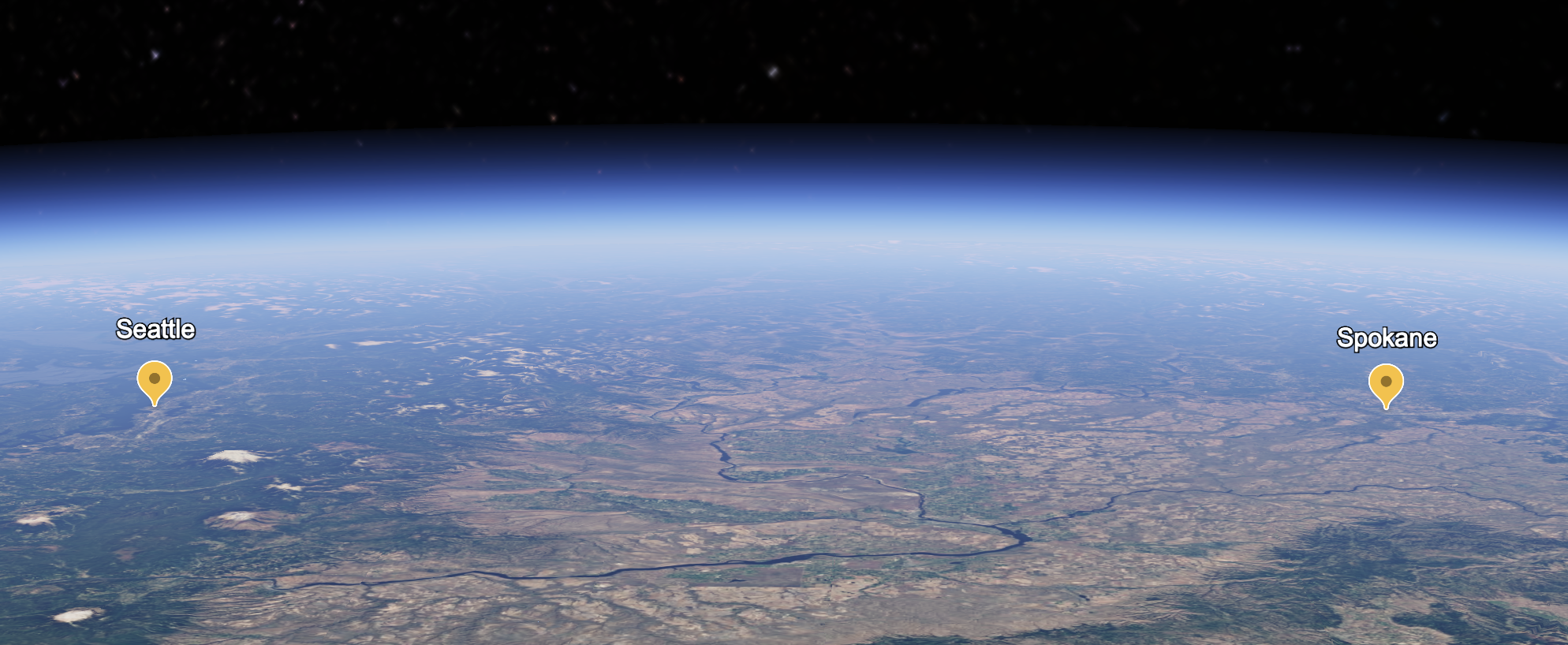 Seattle and Spokane mapped on earth imagedry